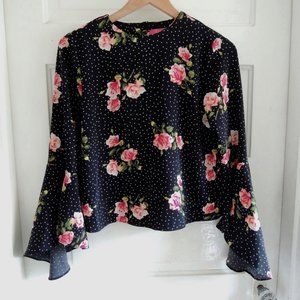 Catherine Malandrino Black & Pink Polka Dot Floral Bell Sleeve Top XS